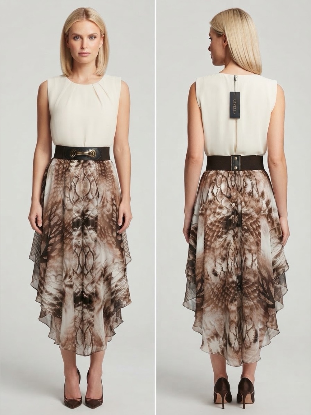 NWT CHIFFON HIGH-LOW BELTED TWO-TONE DRESS ASYMMETRICAL SKIRT ANIMAL PRINT GOWN‎